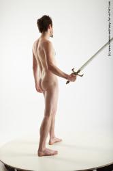 Nude Fighting with sword Man White Slim Short Brown Realistic